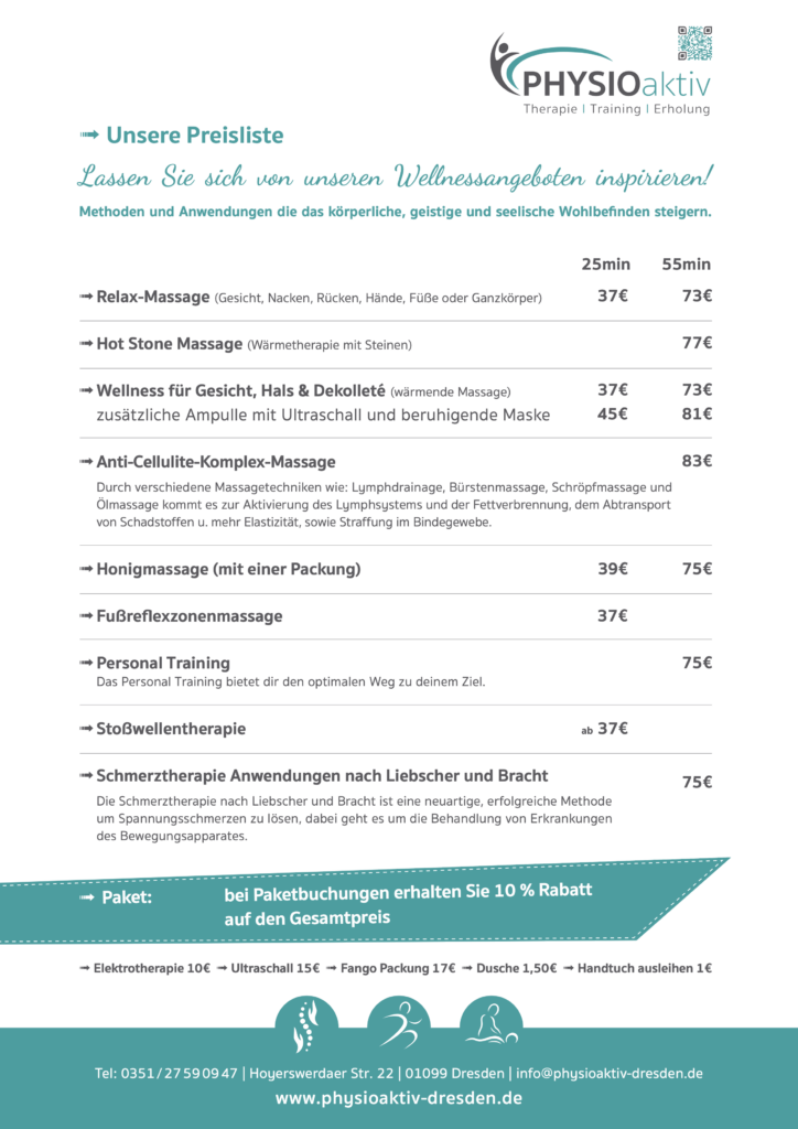 Preisliste Wellnessangebote PHYSIOaktiv Dresden Neustadt